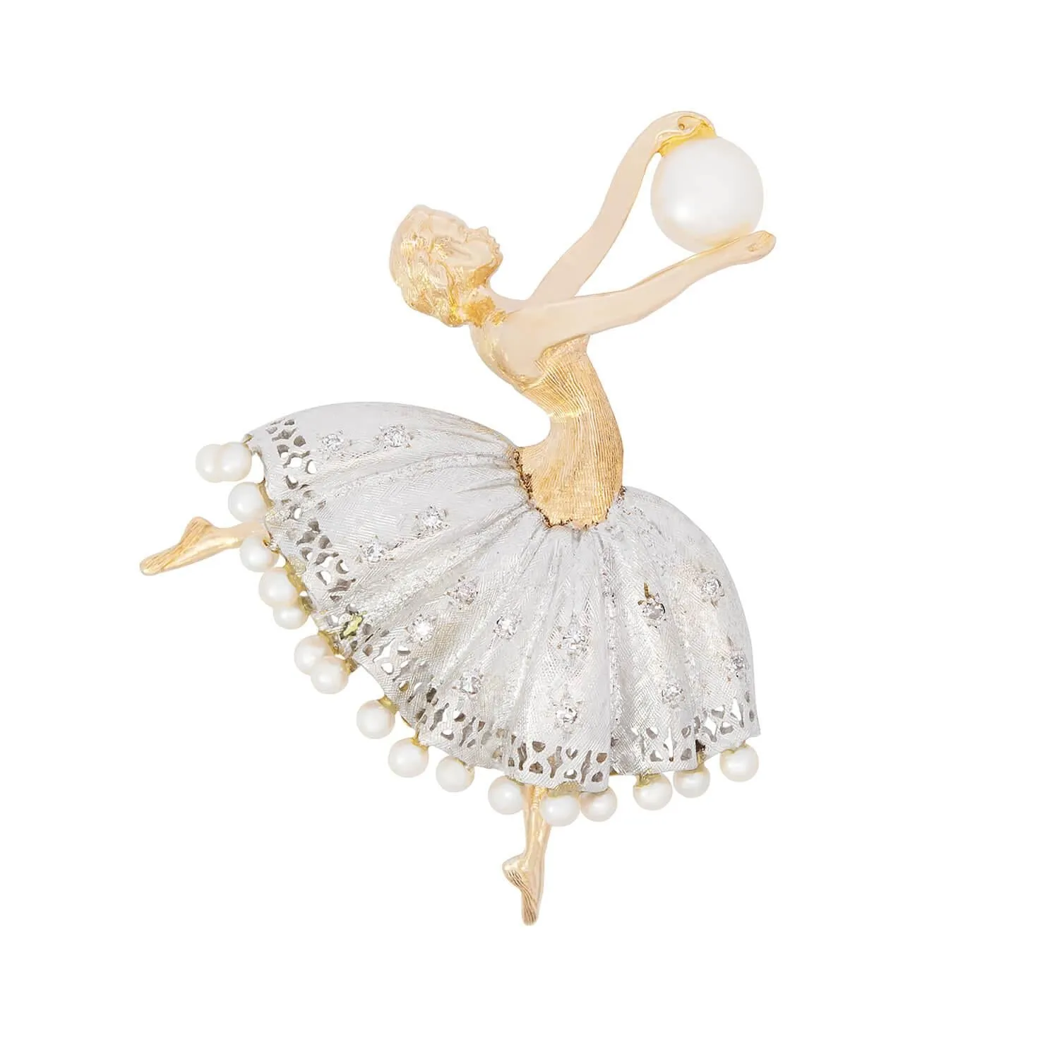 Retro 14k White/Yellow with Diamonds & Pearl Ballerina Pin