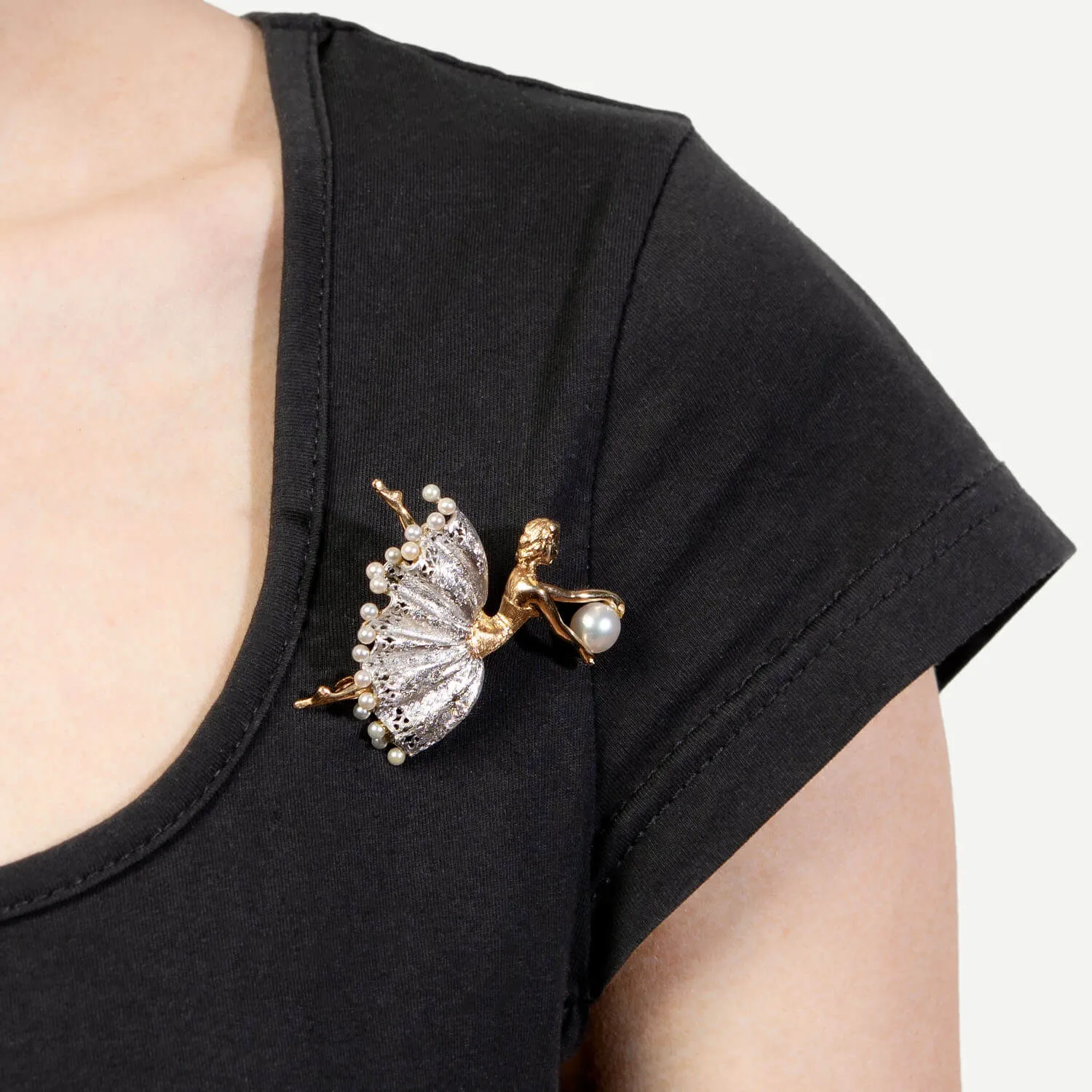 Retro 14k White/Yellow with Diamonds & Pearl Ballerina Pin
