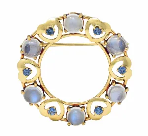 Retro Sapphire Moonstone 14 Karat Yellow Gold Vintage Heart Circle Brooch
