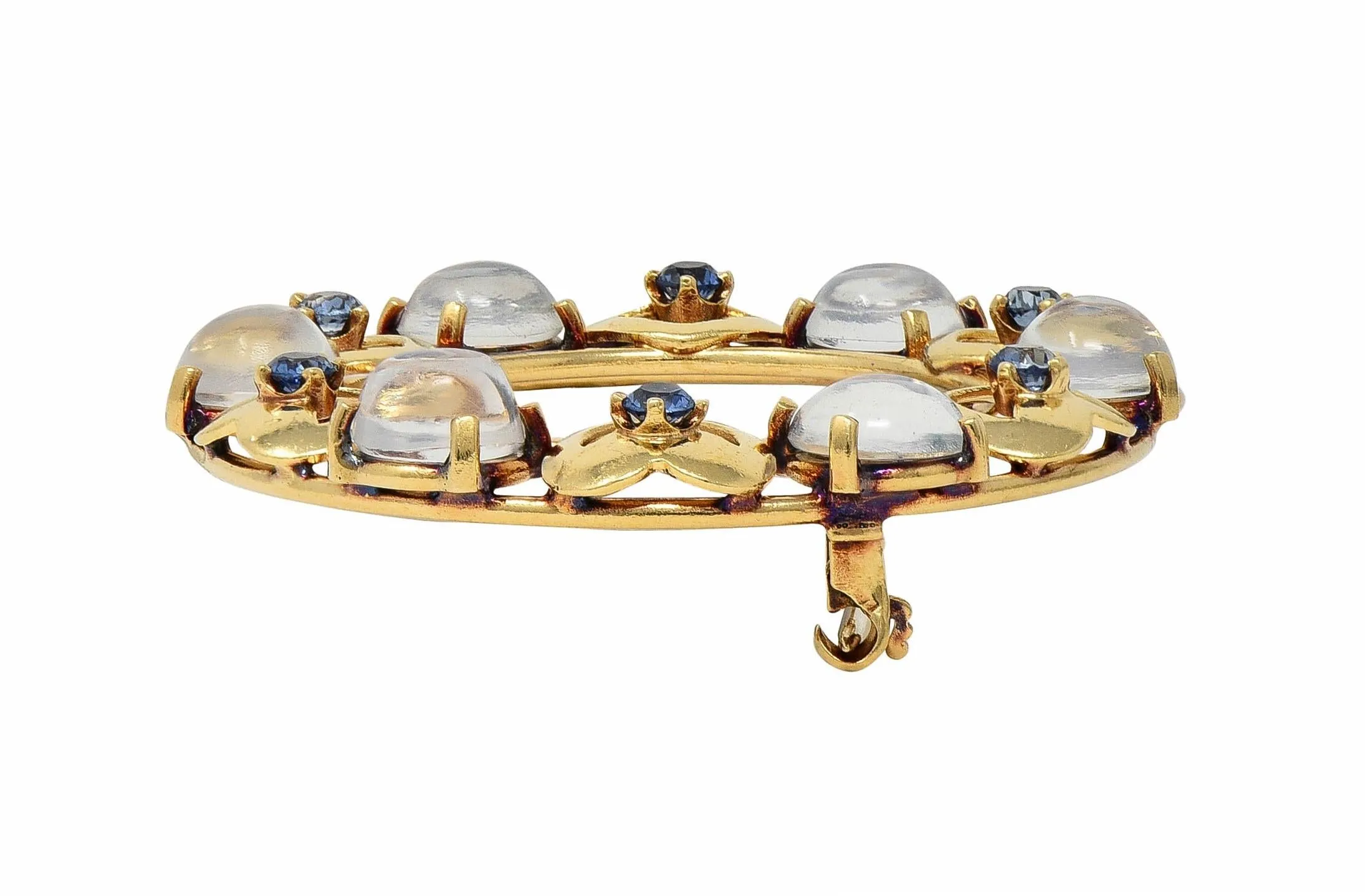 Retro Sapphire Moonstone 14 Karat Yellow Gold Vintage Heart Circle Brooch