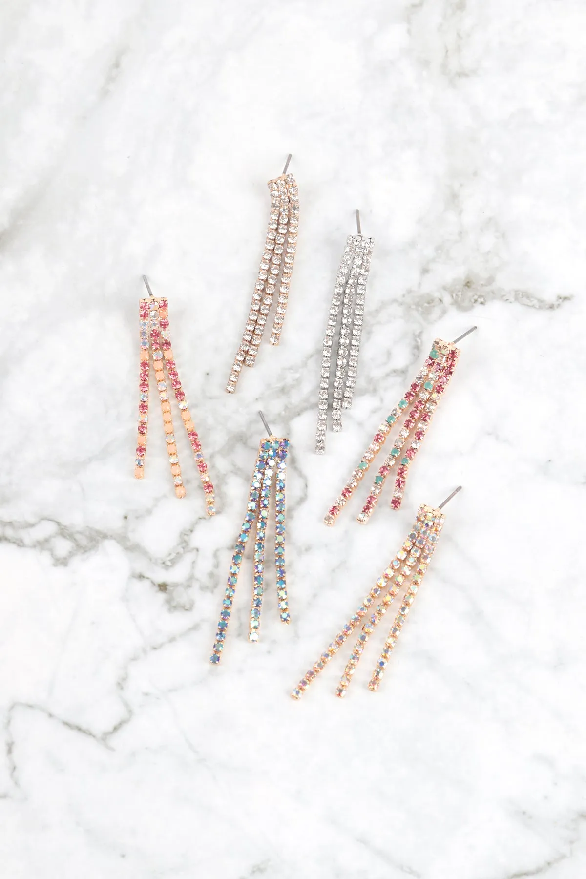 RHINESTONE 3 LINE FRINGE DROP EARRINGS