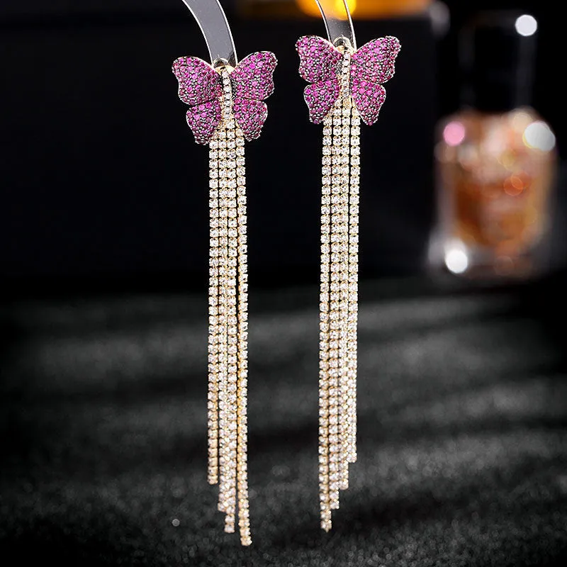 Rhinestone Butterfly Shaped Tassel Design Earrings