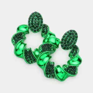 Rhinestone Embellished Green Spiral Open Circle Pageant Earrings | Pageant Jewelry |  609173