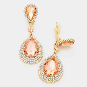 Rhinestone Trim Peach Crystal Teardrop Clip On Earrings