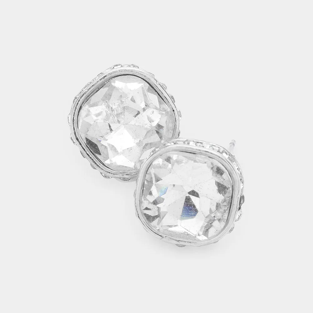 Rhinestone Trimmed Clear Square Stone Stud Earrings  | Interview Earrings | 575957