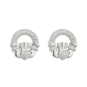 RHODIUM CRYSTAL CLADDAGH STUD EARRINGS