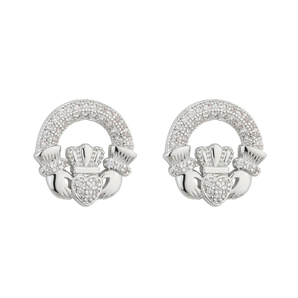 RHODIUM CRYSTAL CLADDAGH STUD EARRINGS