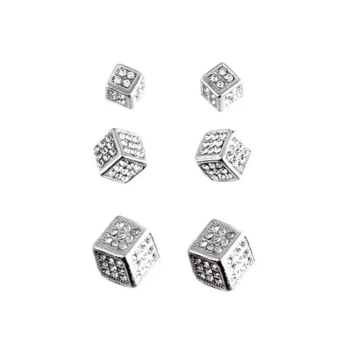 RHODIUM CRYSTAL RHINESTONE SILVER CUBE STUD EARRINGS SET OF 3PAIRS  #HNE80012_RHOD-CRY (MA8/R-HH2)