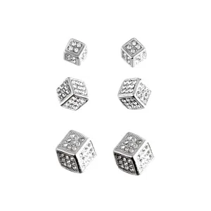 RHODIUM CRYSTAL RHINESTONE SILVER CUBE STUD EARRINGS SET OF 3PAIRS  #HNE80012_RHOD-CRY (MA8/R-HH2)