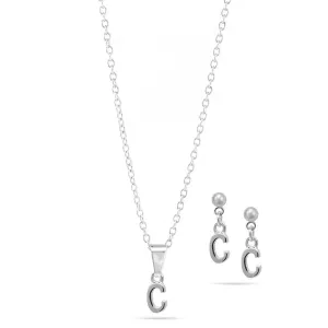 RHODIUM "C" SMALL PENDANT SHORT NECKLACE AND EARRINGS SET #SWKK-11768CHRO (AG20)