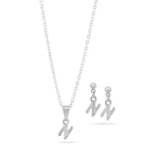 RHODIUM "N" SMALL PENDANT SHORT NECKLACE AND EARRINGS SET #SWKK-11768NRHO (RA16)