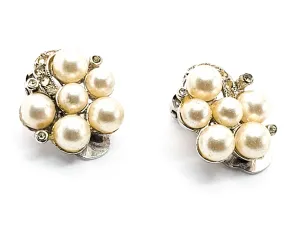 Richelieu pearl and pave rhinestone vintage clip on cluster earrings
