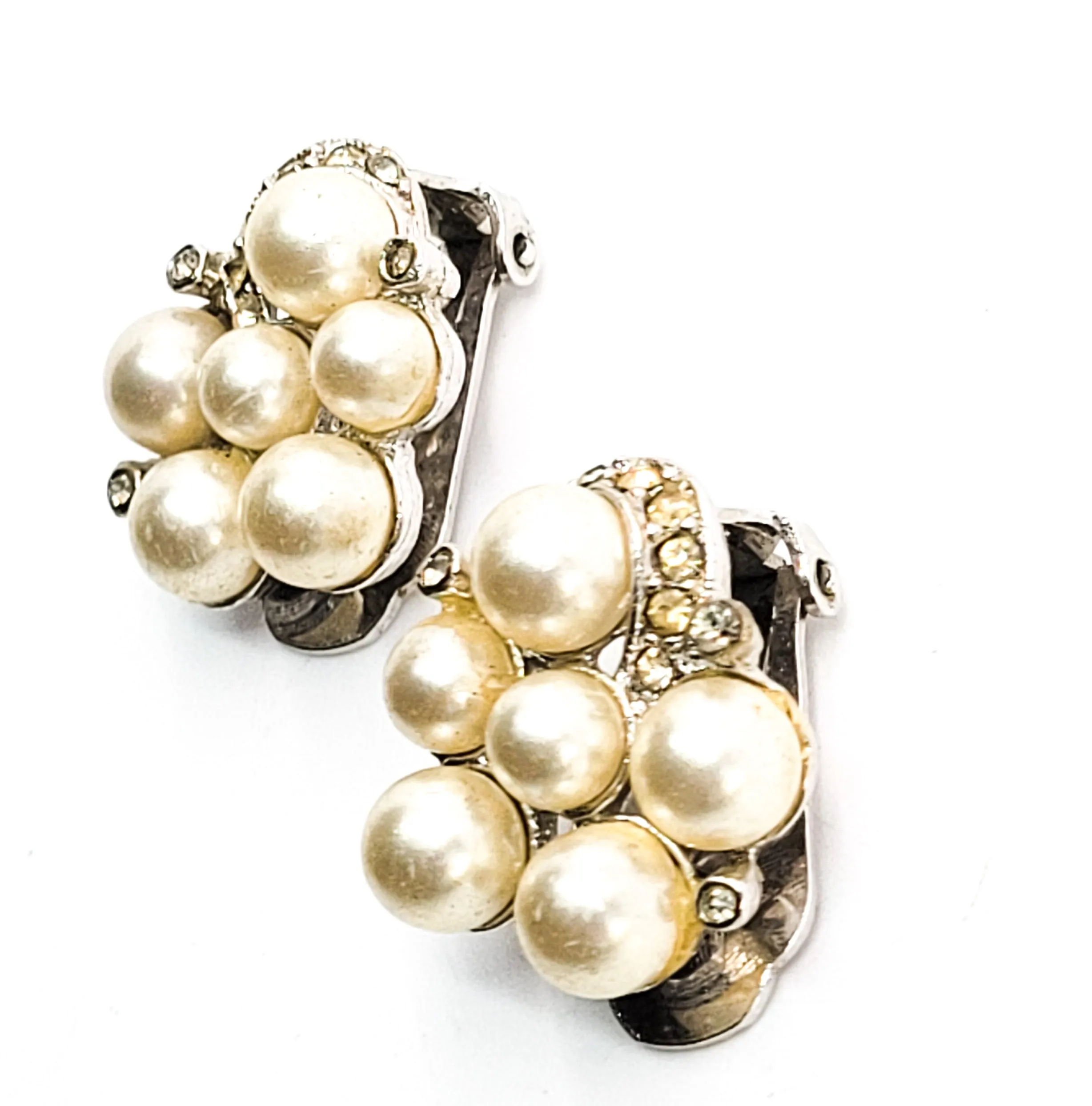 Richelieu pearl and pave rhinestone vintage clip on cluster earrings