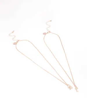 Rose Gold Diamante Lock & Key Necklace Pack