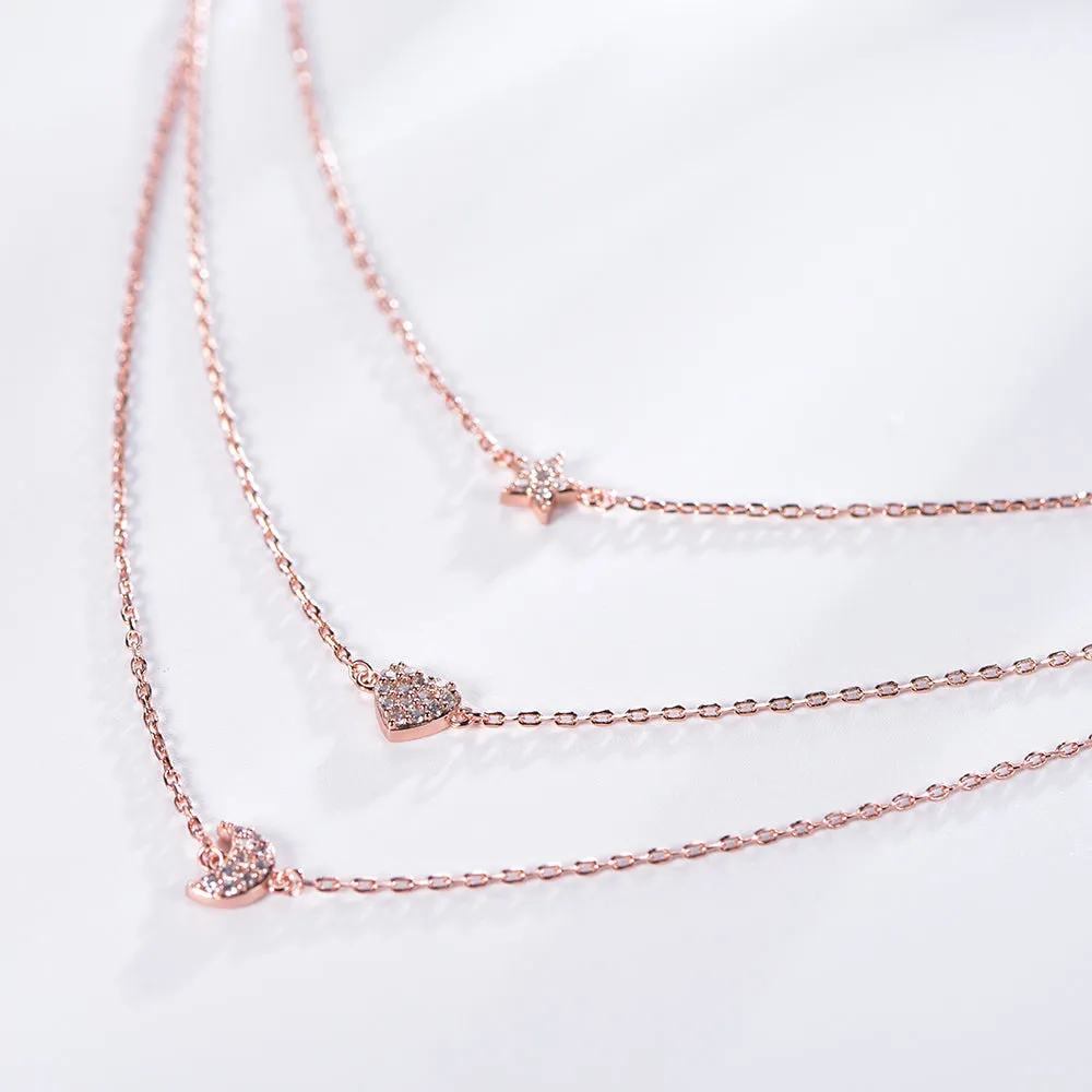 Rose Gold Heart Moon And Star Charms Layered Necklaces