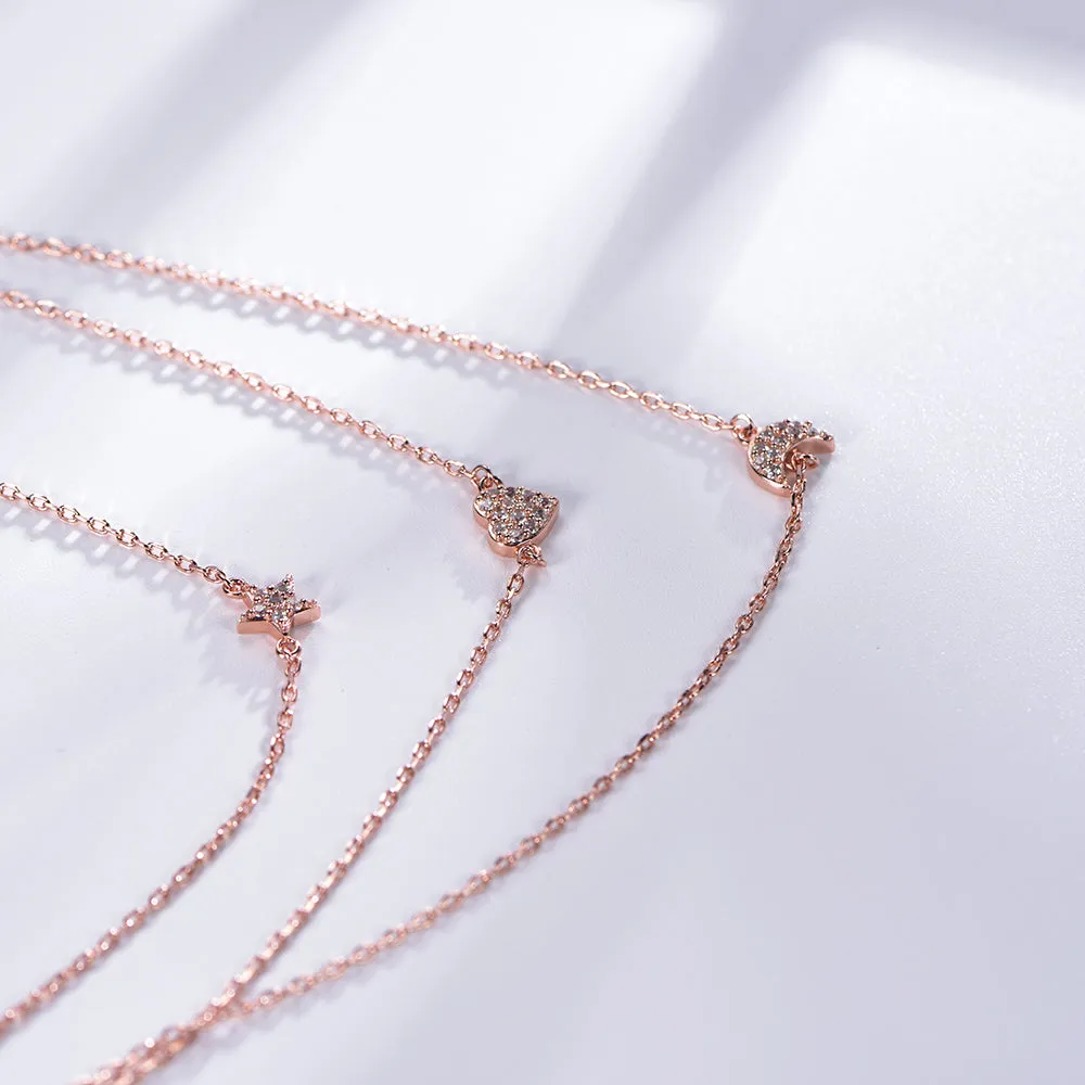 Rose Gold Heart Moon And Star Charms Layered Necklaces