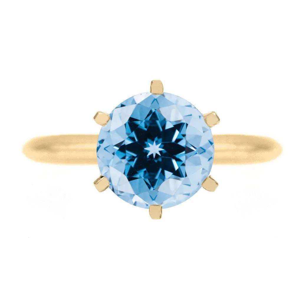 Round Aqua Blue Spinel 14K or 18K Yellow Gold 6 Prongs Solitaire Ring