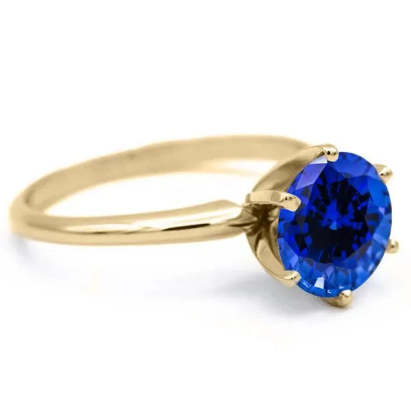 Round Blue Sapphire 14K or 18K Yellow Gold 6 Prongs Solitaire Ring