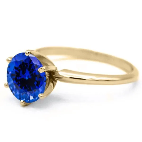 Round Blue Sapphire 14K or 18K Yellow Gold 6 Prongs Solitaire Ring