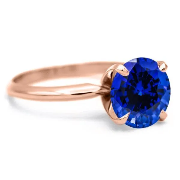 Round Blue Sapphire 14K Rose Gold 4 Prongs Solitaire Ring