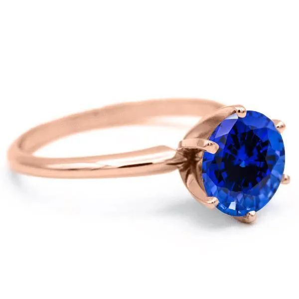 Round Blue Sapphire 14K Rose Gold 6 Prongs Solitaire Ring