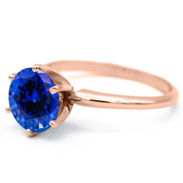 Round Blue Sapphire 14K Rose Gold 6 Prongs Solitaire Ring