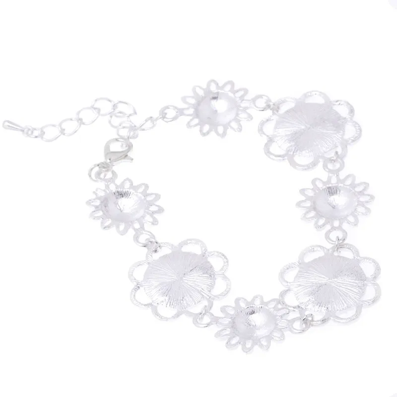 Round Bracelet Blanks with Chain and Clasp,3 pcs 12mm Round Bezel and 4pcs Sunflower charm,Zinc Alloy filled,Shine silver,length:24cm,5pcs/lot