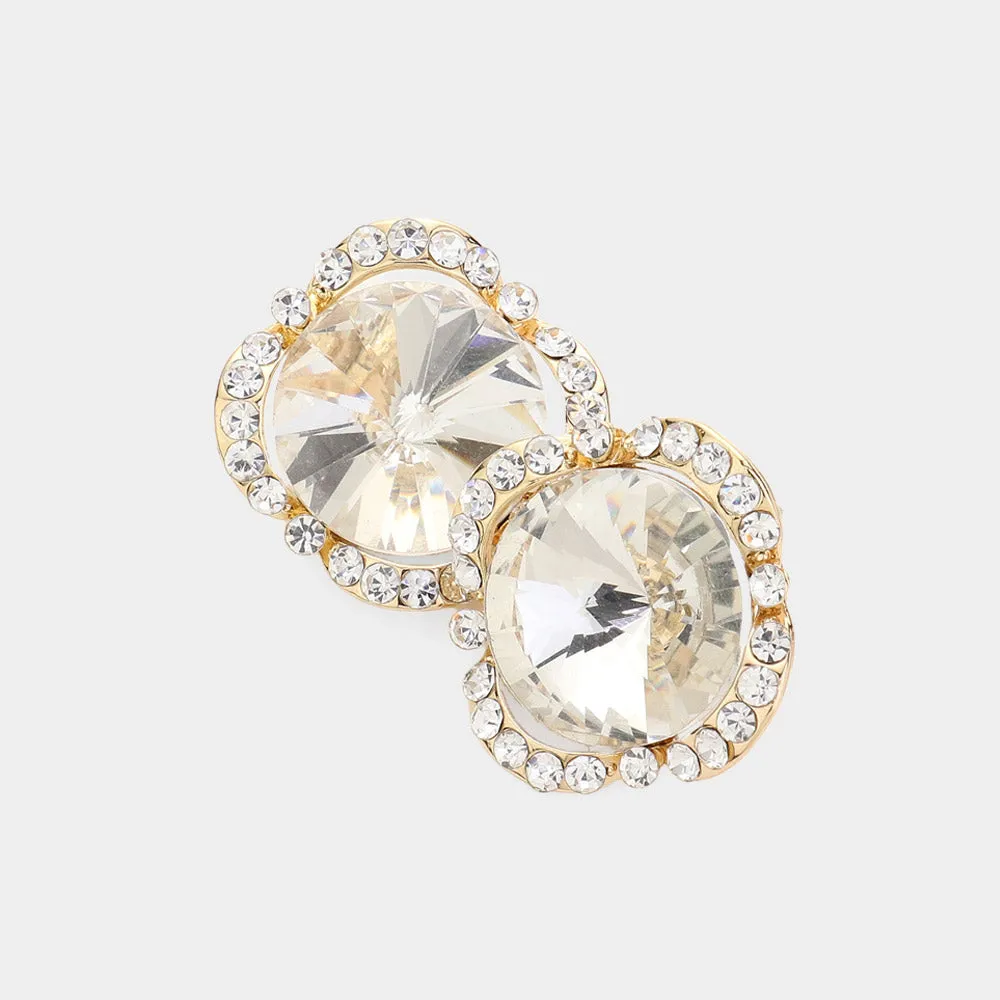Round Clear Crystal and Rhinestone Accented Pageant Earrings on Gold | Interview Earrings | 620374