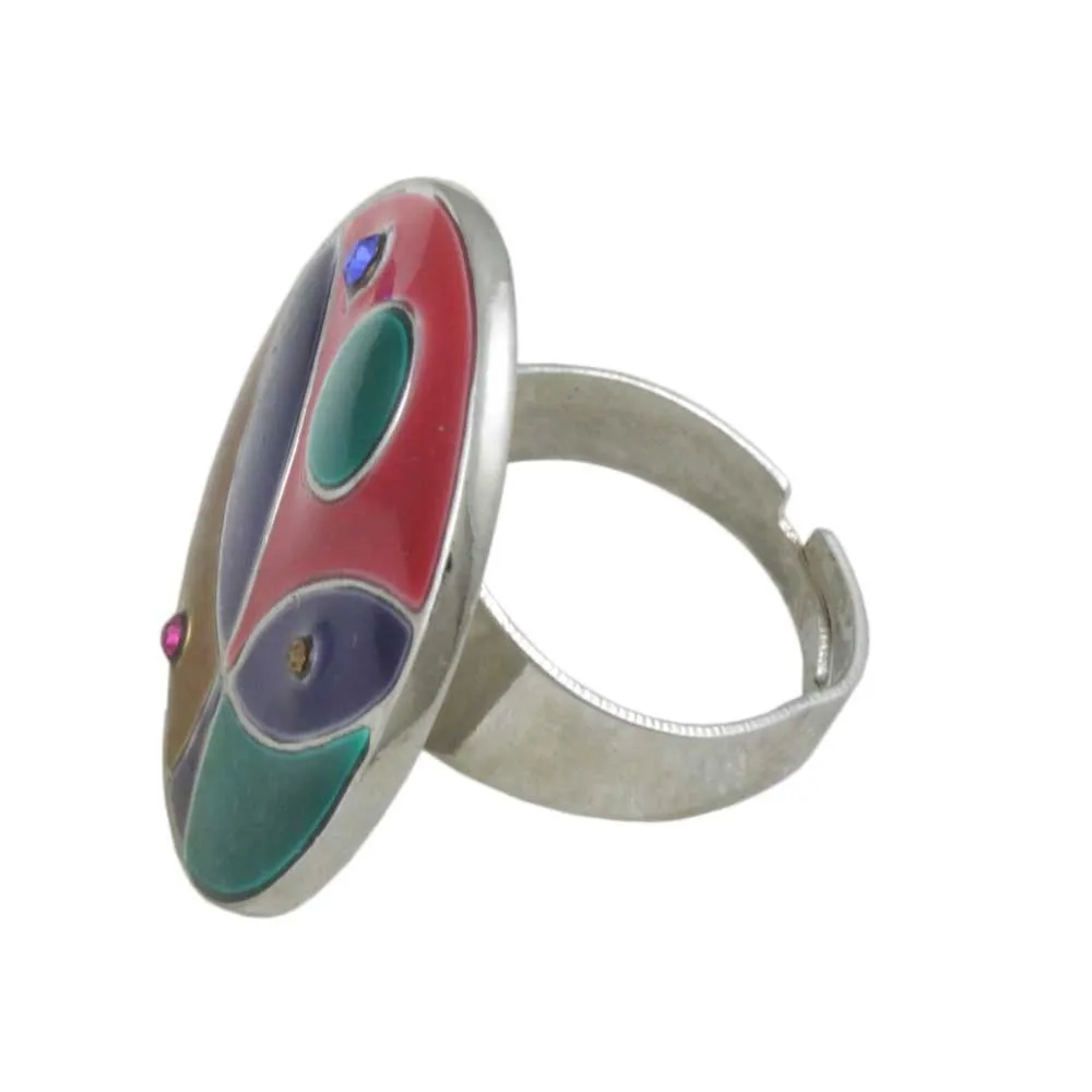 Round Multi Color Enamel and Crystal Adjustable Ring - RS336