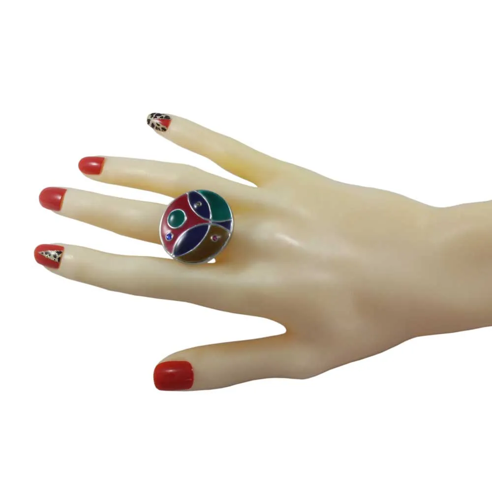 Round Multi Color Enamel and Crystal Adjustable Ring - RS336
