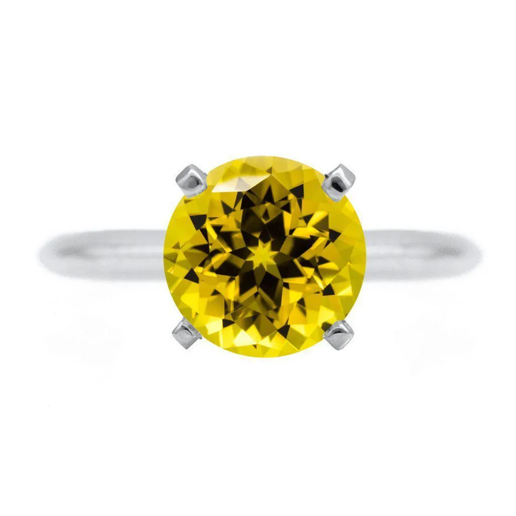 Round Yellow Sapphire 14K or 18K White Gold 4 Prongs Solitaire Ring