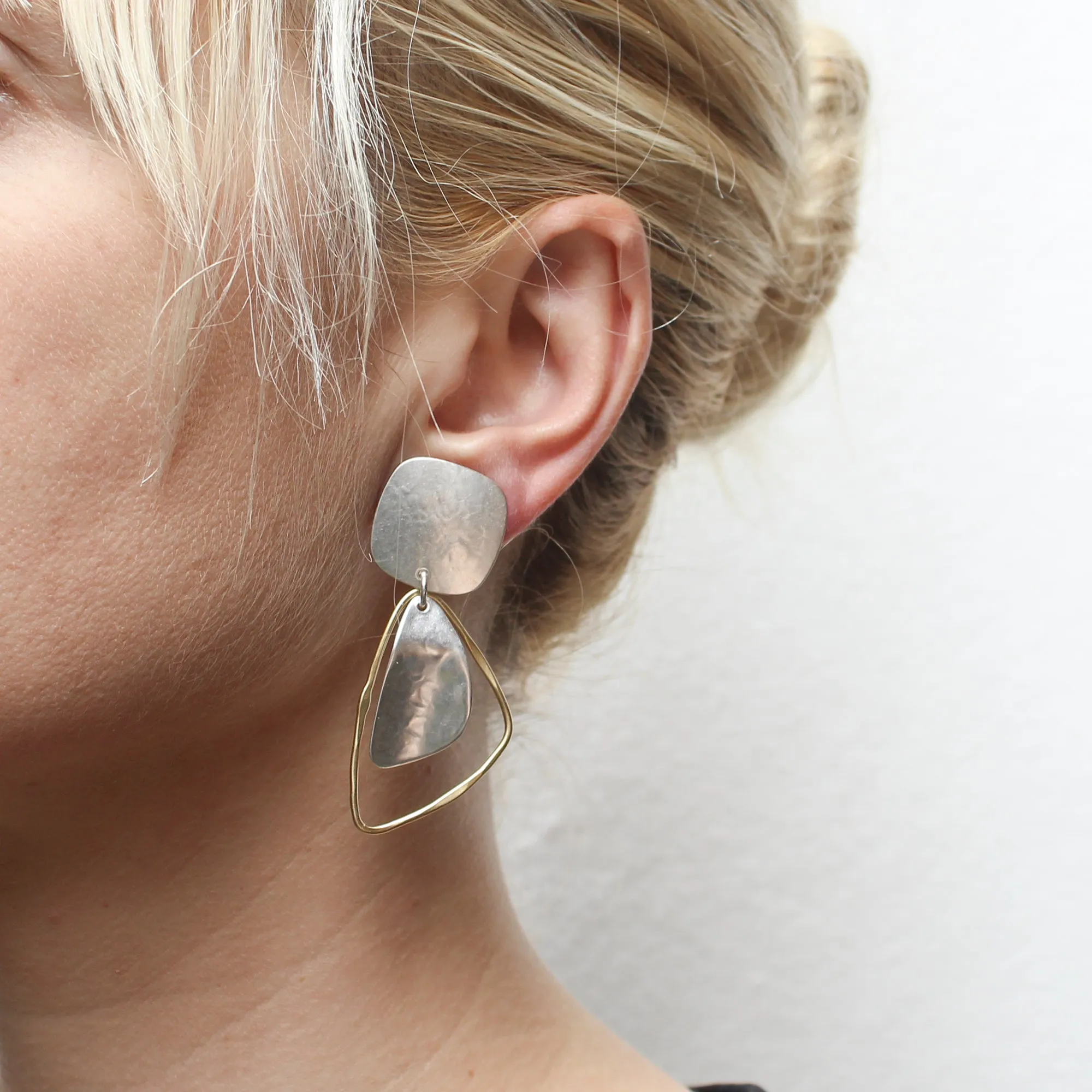 Rounded Square with Triangle and Triangular Rings Clip or Post Earrings