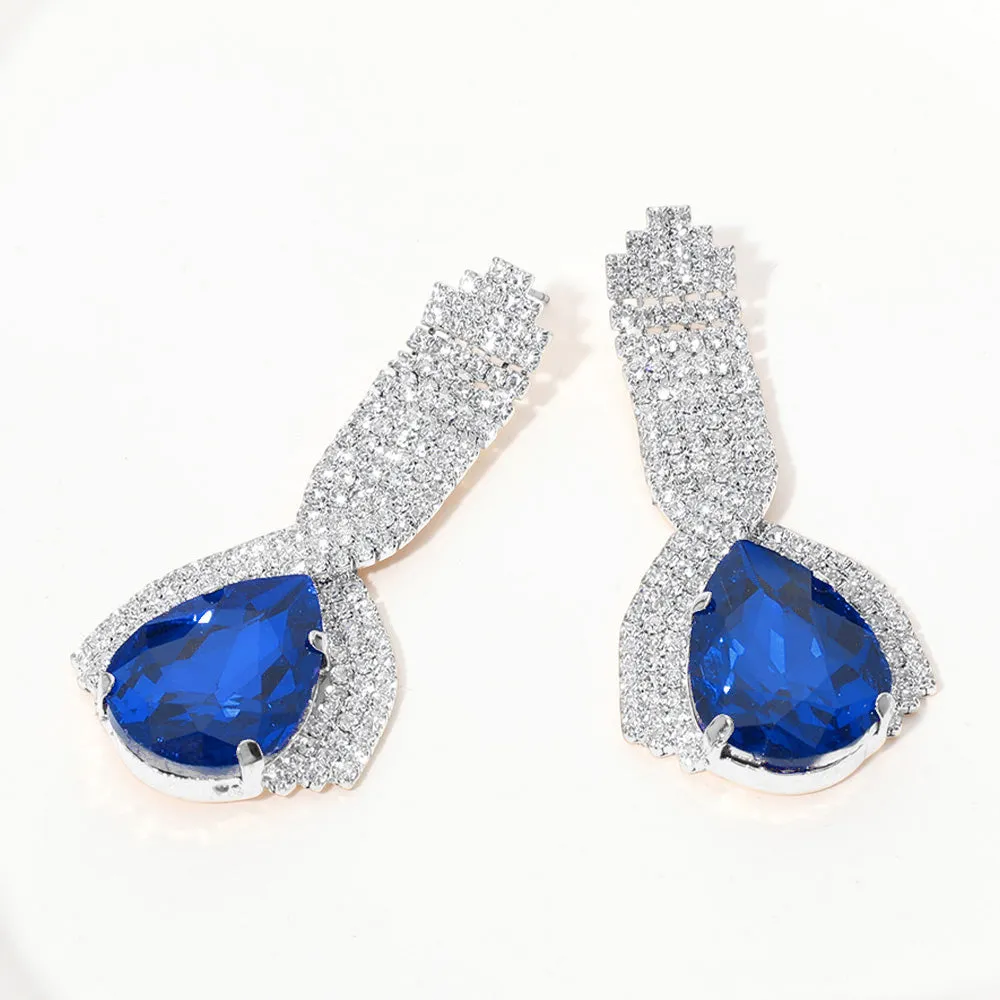 Royal Blue Teardrop Embellished with Clear Rhinestone Pageant Earrings  | Royal Blue Prom Earrings  |  654097
