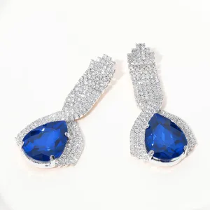 Royal Blue Teardrop Embellished with Clear Rhinestone Pageant Earrings  | Royal Blue Prom Earrings  |  654097
