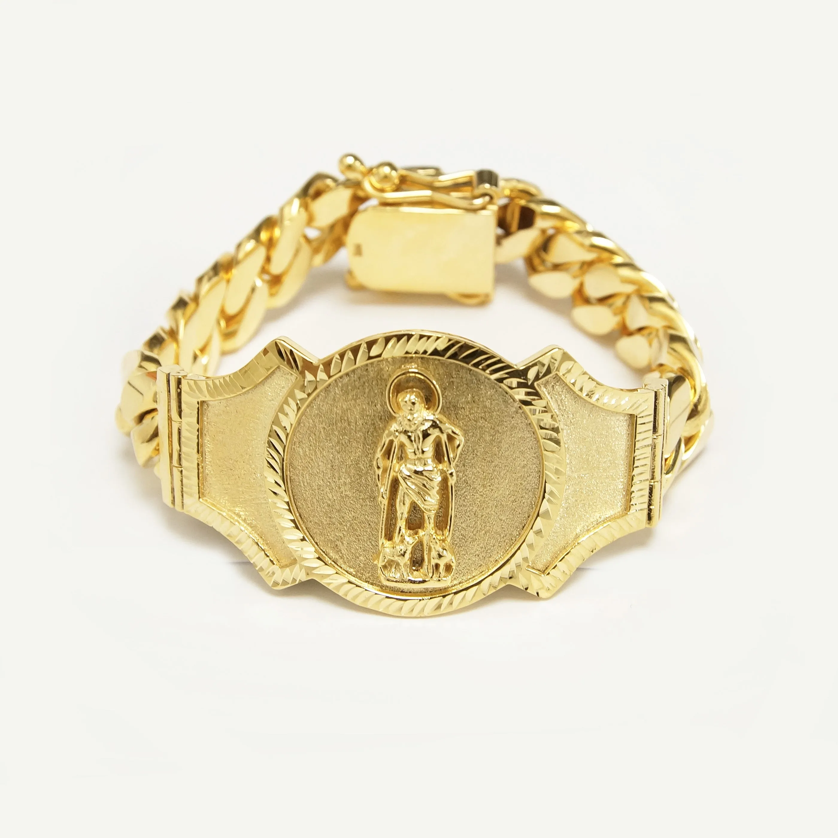 Saint Lazarus plate Solid Cuban Link Bracelet in 14K Gold