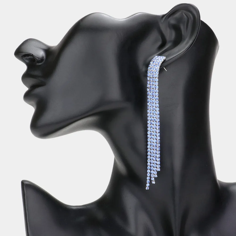 Sapphire Rhinestone 4 Row Fringe Pageant Earrings  | Long Earrings |  596314