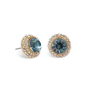 SAPPHIRE ROUND CRYSTAL RHINESTONE GOLD POST EARRINGS #HNE87183GDINSAP (NC7)
