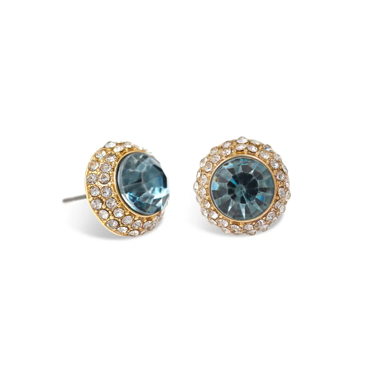 SAPPHIRE ROUND CRYSTAL RHINESTONE GOLD POST EARRINGS #HNE87183GDINSAP (NC7)