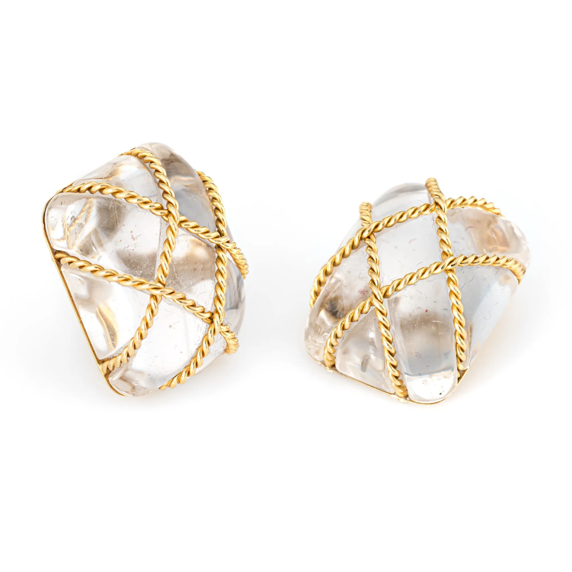 Seaman Schepps Earrings Rock Crystal 18k Gold Large Square Cage Vintage Jewelry