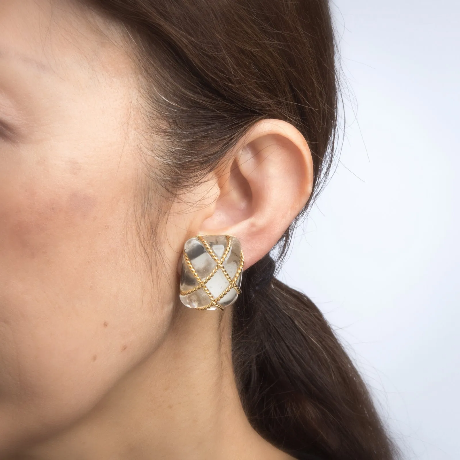 Seaman Schepps Earrings Rock Crystal 18k Gold Large Square Cage Vintage Jewelry