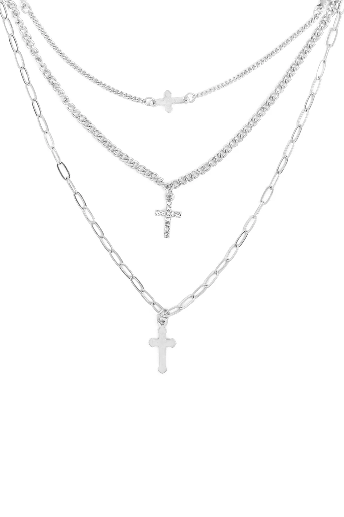 SET LAYERED CHAIN CROSS WITH SIDEWAYS AND CUBIC NECKLACES