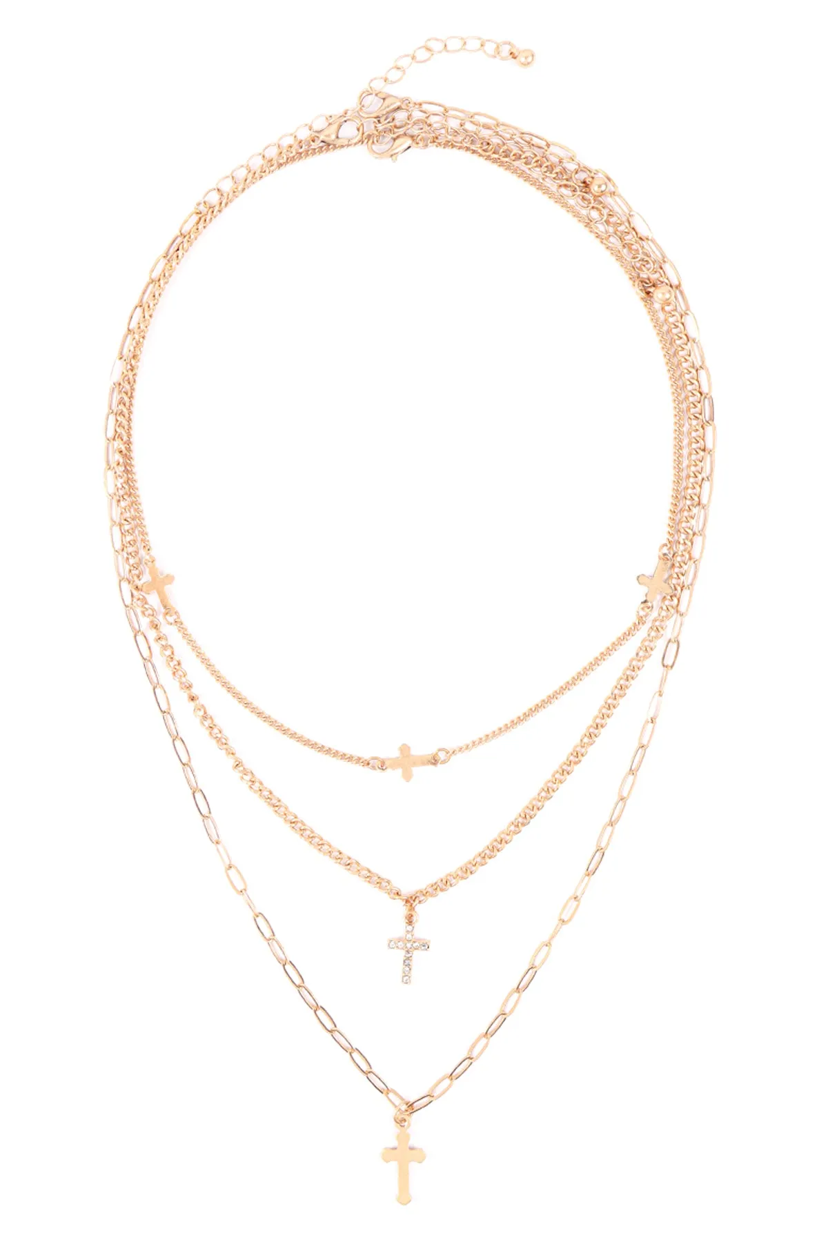 SET LAYERED CHAIN CROSS WITH SIDEWAYS AND CUBIC NECKLACES