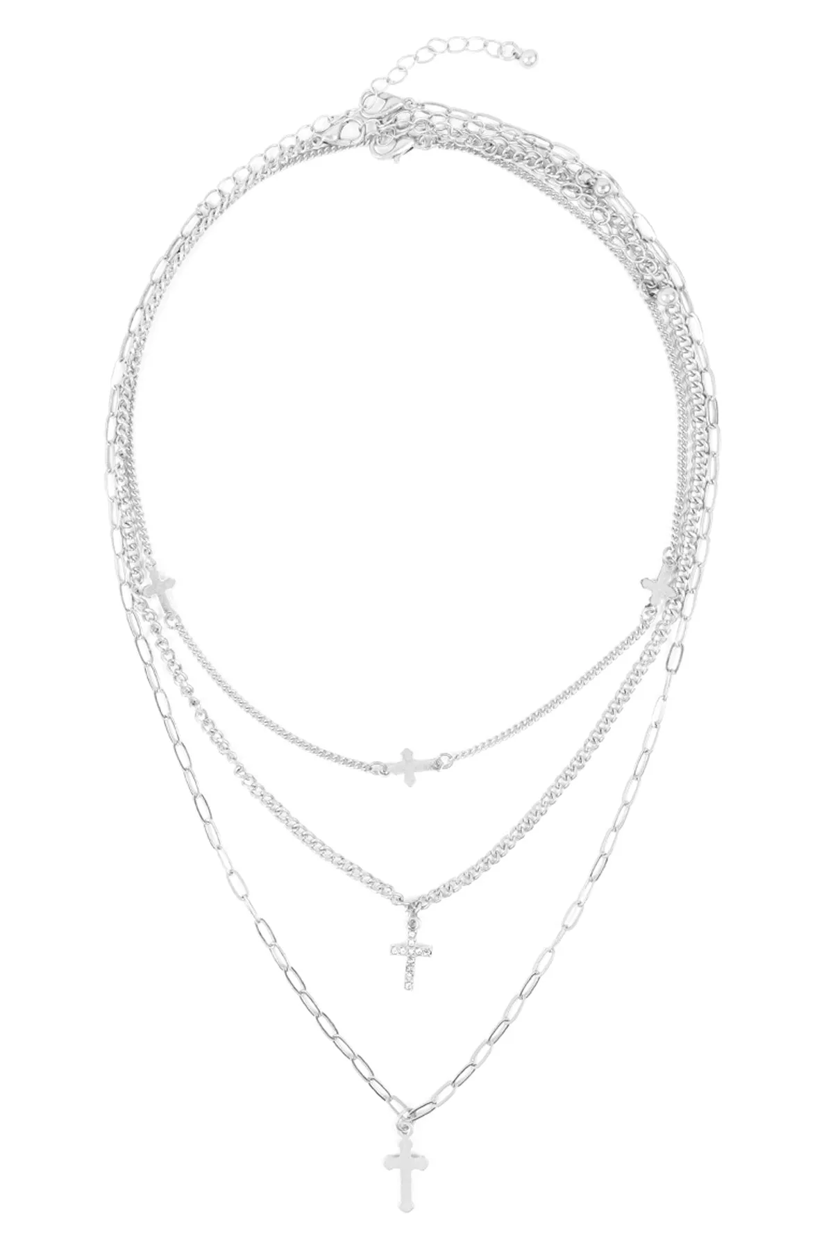 SET LAYERED CHAIN CROSS WITH SIDEWAYS AND CUBIC NECKLACES