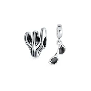 Set of 2 Black Movie Star Sunglasses and Sonoran Desert Cactus Charm Bead Silver