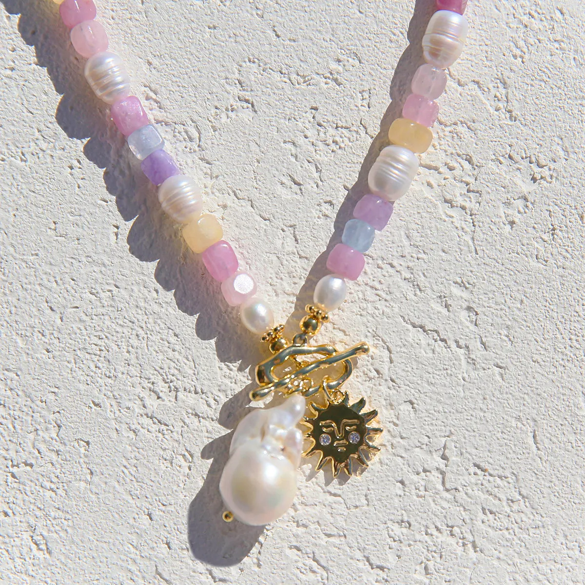 Sherbet Quartz and Pearl Sun Necklace
