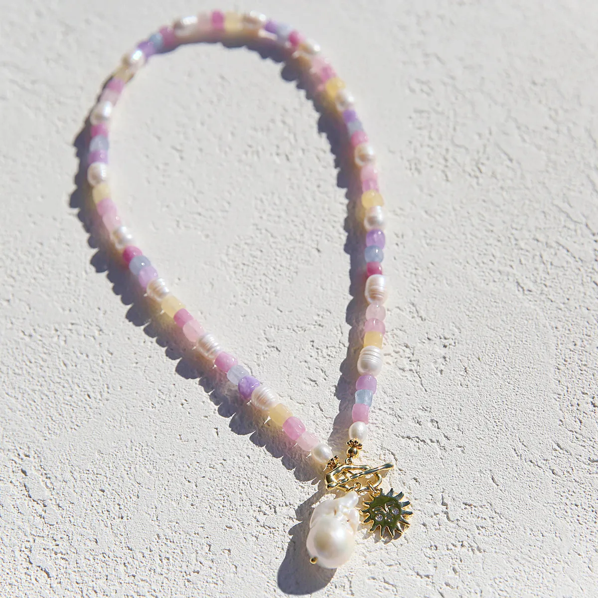 Sherbet Quartz and Pearl Sun Necklace