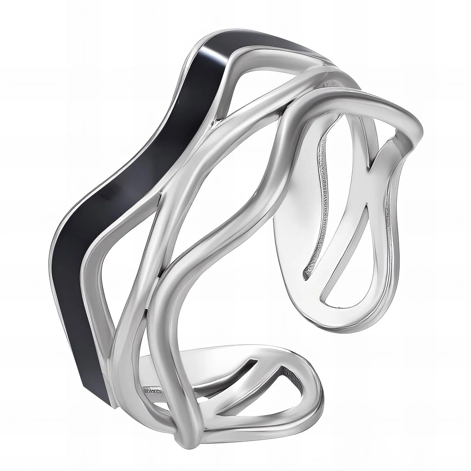 Silver & Black Accent Wave Cuff – Stainless Steel