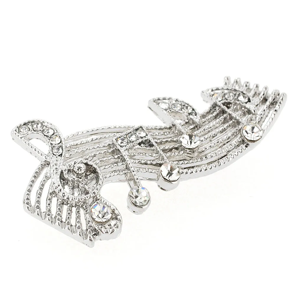 Silver Chrome Sheet Music Note Crystal Pin Brooch