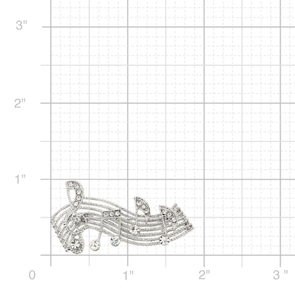 Silver Chrome Sheet Music Note Crystal Pin Brooch