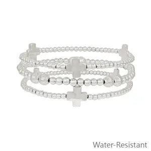 Silver Cross Charm Stretch Water Resistant Bracelets Set